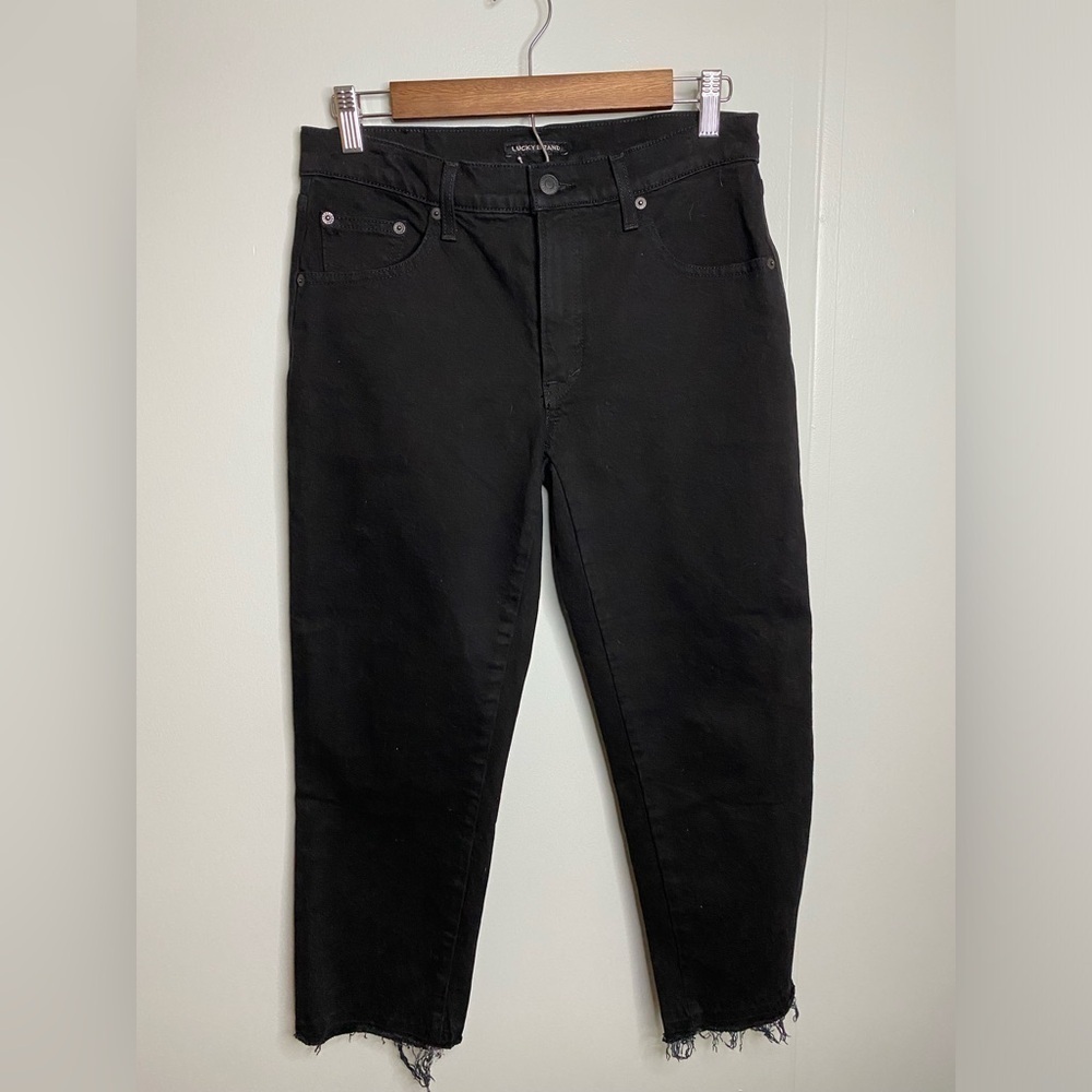 Lucky Brand Womens Mid Rise Straight Ankle Jeans Black Frayed Denim Boho 4/27a